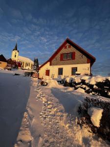 a house with snow on the ground in front of it at Chaloupka Příchovice in Kořenov