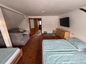 a living room with two beds and a couch at Chaloupka Příchovice in Kořenov