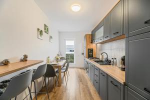 ブラショヴにあるMountain Breeze Luxury Apartment AC & Parcare Privatăのキッチン(グレーのキャビネット、テーブル、椅子付)