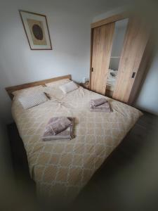 a bedroom with a bed with two towels on it at Sobe i apartman Berecz in Kopačevo