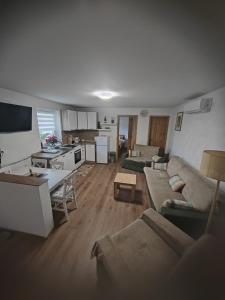 a living room with a couch and a table and a kitchen at Sobe i apartman Berecz in Kopačevo