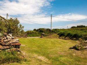 a yard with a stone wall and a field of grass at The Bickney in Llanrian