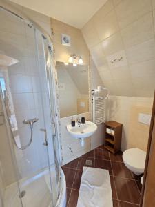 a bathroom with a sink and a shower and a toilet at Willa WIDOKOWA CUDZICH in Zakopane
