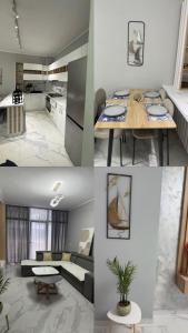 a collage of four pictures of a kitchen and a living room at Luxury Apartment Orikum in Orikum +6 photos