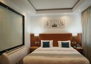 um quarto de hotel com uma cama grande e uma TV de tela plana em Hotel The Haven - Centrally Heated and Air Conditioned em Kargil mais 101 fotografias