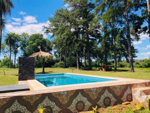 ein Swimmingpool im Garten mit einem Sonnenschirm in der Unterkunft Dúplex Birnbaum Ruiz Diaz in Roque González de Santa Cruz