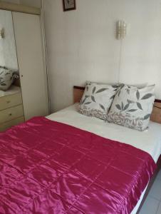 een slaapkamer met een bed met een paars dekbed bij L' amandier in Teyran