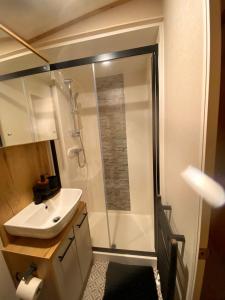 a bathroom with a shower and a sink at Sheepfold lodge in Sedbergh