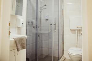 a bathroom with a shower and a toilet at DuMalux Garden in Subotica +23 photos