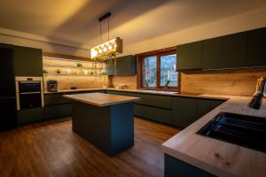 a large kitchen with green cabinets and a blue island at Chalet Sonnenhang in Fundu Moldovei