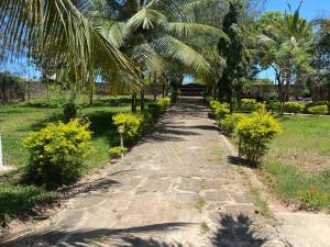 an old dirt road with palm trees and flowers at Villa Paradise in Diani Beach