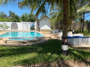 a swimming pool with a palm tree in the yard at Villa Paradise in Diani Beach