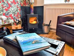 two books on a coffee table in front of a fireplace at Annie Oswalds Cottage in Lucker
