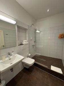 a bathroom with a sink and a toilet and a mirror at Boardinghouse Rosenstraße in Hamburg