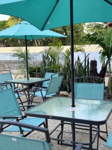 a group of tables and chairs with umbrellas at Hotel Mirador--gratis bicicletas in Bacalar +17 photos