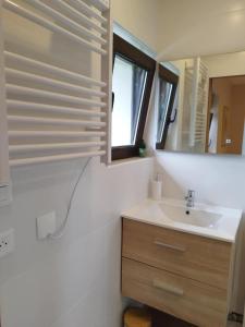 a bathroom with a sink and a mirror at Parenthèse Vosgienne in Cornimont +21 photos
