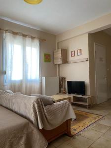 a living room with a bed and a television at Feels like home in Maniákoi