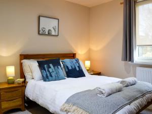 a bedroom with a bed with blue pillows and a window at Birch Tree Cottage in Edzell +10 photos