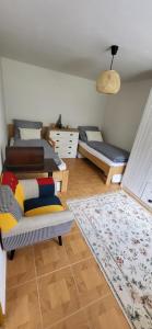 a living room with two beds and a couch at Poloroubenka Podkrkonoší in Bělá