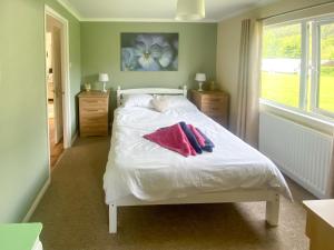 a bedroom with a white bed with two pillows on it at Wye Lodge in Aberedw