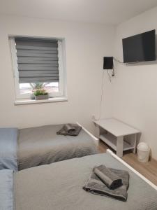 a bedroom with two beds and a window and a table at Sobe i apartman Berecz in Kopačevo
