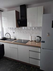 eine Küche mit weißen Schränken, einer Spüle und einem Kühlschrank in der Unterkunft Apartament pod Czarną Górą in Stronie Śląskie