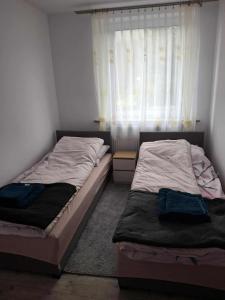 zwei Einzelbetten in einem Zimmer mit Fenster in der Unterkunft Apartament pod Czarną Górą in Stronie Śląskie