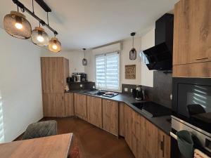 eine Küche mit Holzschränken und einer Arbeitsplatte in der Unterkunft ARMONA in Brides-les-Bains + 7 Fotos