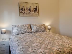 a bedroom with a bed and a painting on the wall at Branwen in Llanfachraeth +6 photos