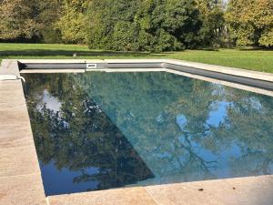 a swimming pool with a reflection of trees in the water at Villa Pavone in Angoulême