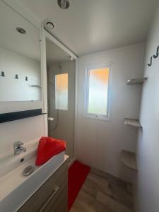 a bathroom with a sink and a mirror at Bungalow 507 3ch wifi Camping Siblu Lac de Rêves in Lattes