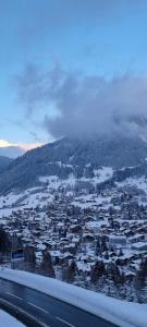a view of a city in the snow with a highway at WEF Klosters Executive Apartment with Direct Train to Davos in Klosters
