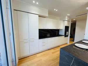 Una cocina con gabinetes blancos y una encimera negra. en LE PALAIS DIANE - Apt cosy, Moderne et Climatisé, en Niza 13 fotos más