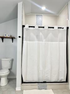 a bathroom with a shower curtain and a toilet at My house your house in Fort Smith