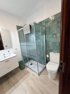 a bathroom with a glass shower and a toilet at La Centenaria 1920 in Telde