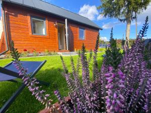 a garden with purple flowers in front of a house at Domek-noclegi in Sandomierz
