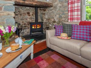 - un salon avec un canapé et un poêle à bois dans l'établissement Ffynnonddewi Farmhouse - Qc1535, à Llanhowell