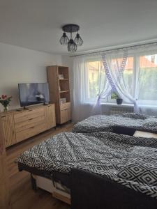 Ένα ή περισσότερα κρεβάτια σε δωμάτιο στο Mieszkanie Słoneczny Sandomierz 2