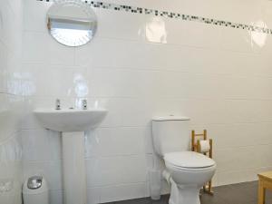 a white bathroom with a toilet and a sink at Caddys Cottage - Uk6714 in Lydstep +8 photos