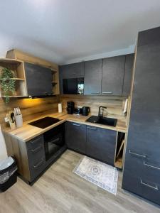 a kitchen with gray cabinets and a sink at HarzRoots A mit Garage in Bad Harzburg