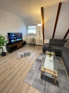 a living room with a couch and a tv at HarzRoots A mit Garage in Bad Harzburg