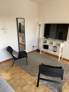 een woonkamer met een stoel en een groot scherm bij Appartamento 44 in Novara