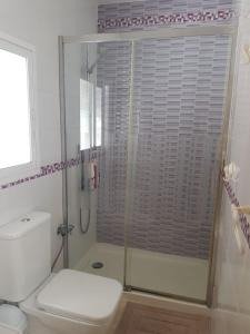 a bathroom with a toilet and a glass shower at Apartamento completo en Almonte centro con terraza in Almonte +26 photos