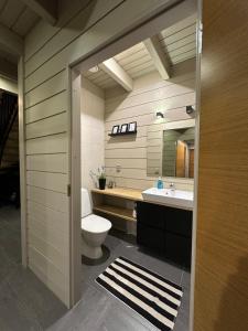 ein Badezimmer mit Toilette, Waschbecken und Spiegel in der Unterkunft Naava Resort Luppo - Upea huvila järvinäkymällä in Ähtäri