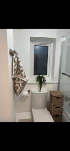 Un baño con inodoro, ventana y una planta. en Home away from home, en Bury