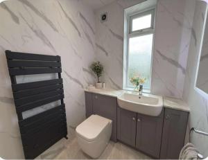 a bathroom with a toilet and a sink and a window at Dotty Apartment in Birtley