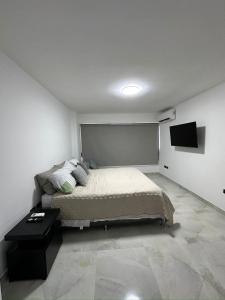 een slaapkamer met een bed en een flatscreen-tv bij MaryHospedaje in Valencia
