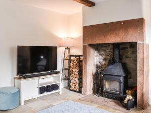 a living room with a fireplace and a flat screen tv at Dunmallet in Pooley Bridge