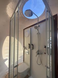 a bathroom with a shower with a glass door at Panoramic Suites Burbuja junto al Puy du Fou y Toledo in Guadamur +36 photos