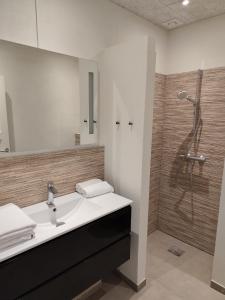 Un baño con lavabo y ducha en House on Vellingtoft in Kværs - apartments, en Gråsten